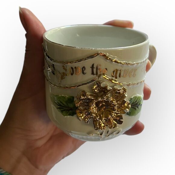 Antique Vtg Made in Germany Porcelain Embossed Floral "Love the Giver" Mug, Cup - Picture 9 of 13